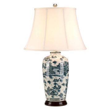 Blue Traditional 1 Light Table Lamp - Blue and White with Cream Shade