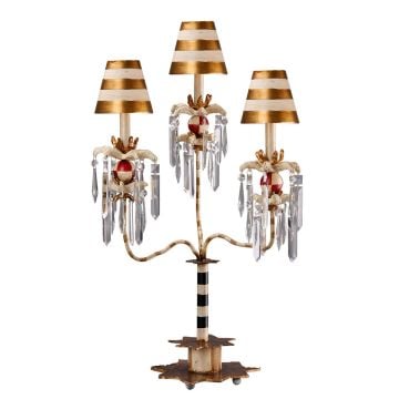 Birdland 3 Arm Table Lamp - Cream & Gold with Cream and Gold Striped Shade