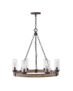 Sawyer 6 lt Exterior Chandelier - Sequoia wood effect with rust Iron accents & Clear seeded glass