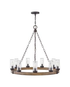 Sawyer 9 lt Exterior Chandelier - Sequoia wood effect with rust Iron accents & Clear seeded glass