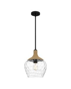 Royer 1 lt Pendant - Matte Black with natural rope detail and clear mottled blown glass shade